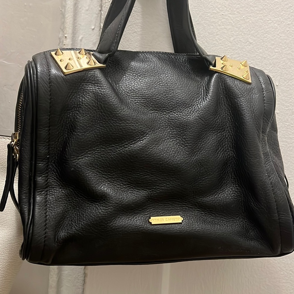 Vince Camaro black leather bowling bag handle gold spikes